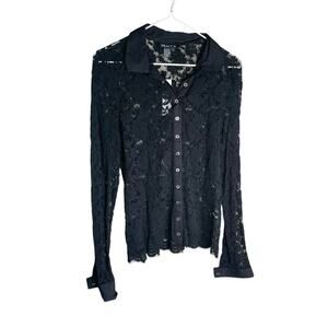 Tracy ML Floral Lace Top Button-Up Long Sleeve Collared Black Womens Large NEW